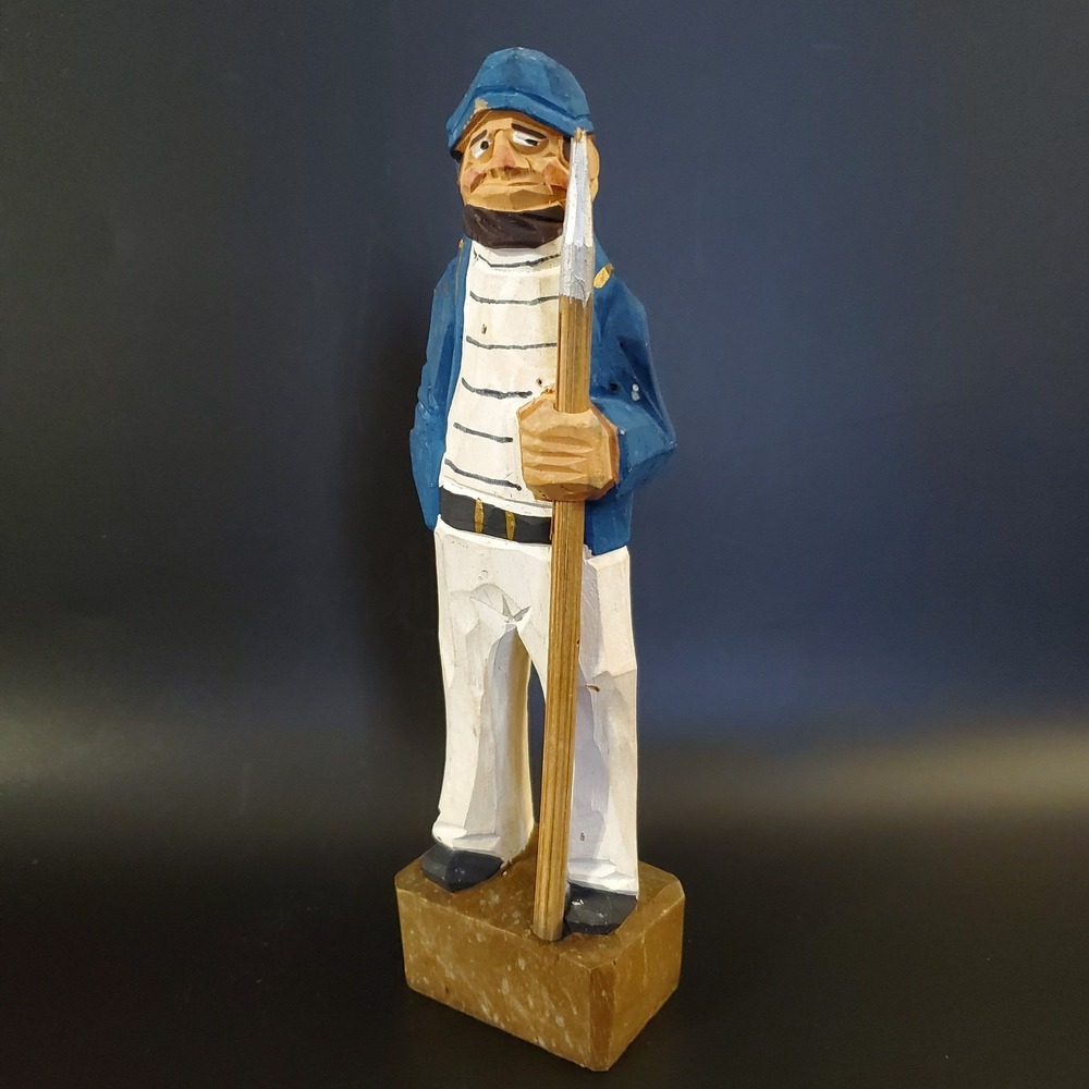 Vintage Hand Carved Wooden Fisherman Figure Folk Art Nautical Man w Spear 8.25"